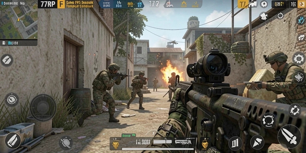Screenshot gameplay 77RP dengan aksi tembak-menembak intens.