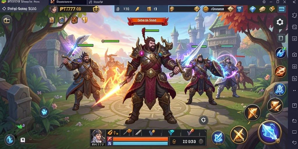 Screenshot utama PT777 menampilkan aksi pertempuran strategi yang intens.